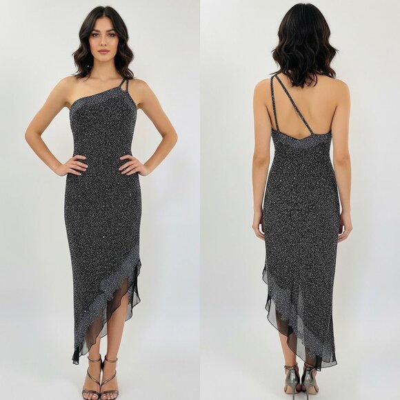 Vintage 90s Scala Silk Gown Black Beaded Sequins Off Shoulder Siren Size M - Picture 2 of 13